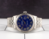 Rolex 36mm Datejust Steel Fluted Blue Roman Diamond Dial Watch 16014
